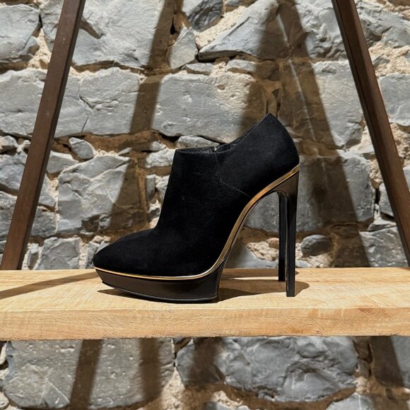 Saint Laurent Black Suede Gold Trim Janis Platform Ankle Booties - Picture 5 of 10